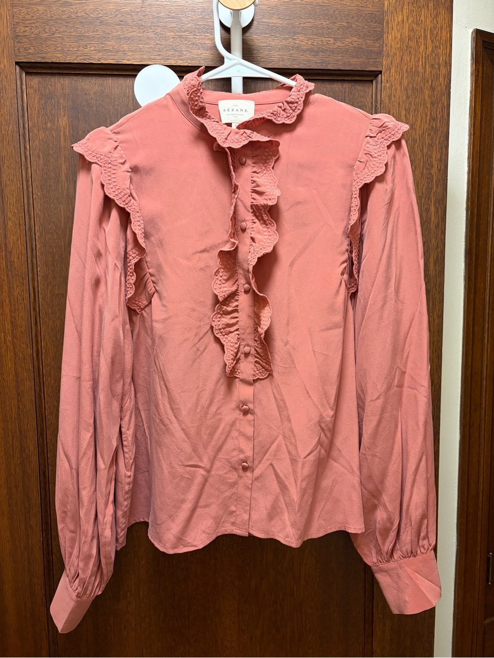 Sézane Pink Ruffle-Front Silk Long Sleeve Blouse